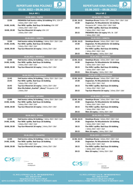 Repertuar kina POLONEZ w Skierniewicach w dniach 3 - 9 czerwca 2022
