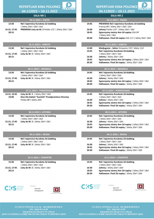 Repertuar kina POLONEZ w Skierniewicach w dniach 4 - 10 listopada 2022