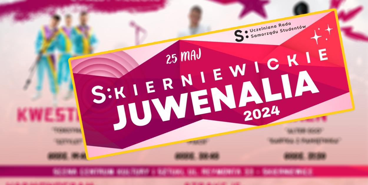  Plakat promuje wydarzenie "Skierniewickie Juwenalia 2024", które odbędzie się 25 maja. Wydarzenie zaplanowano na scenie Centrum Kultury i Sztuki przy ulicy Reymonta 33 w Skierniewicach.