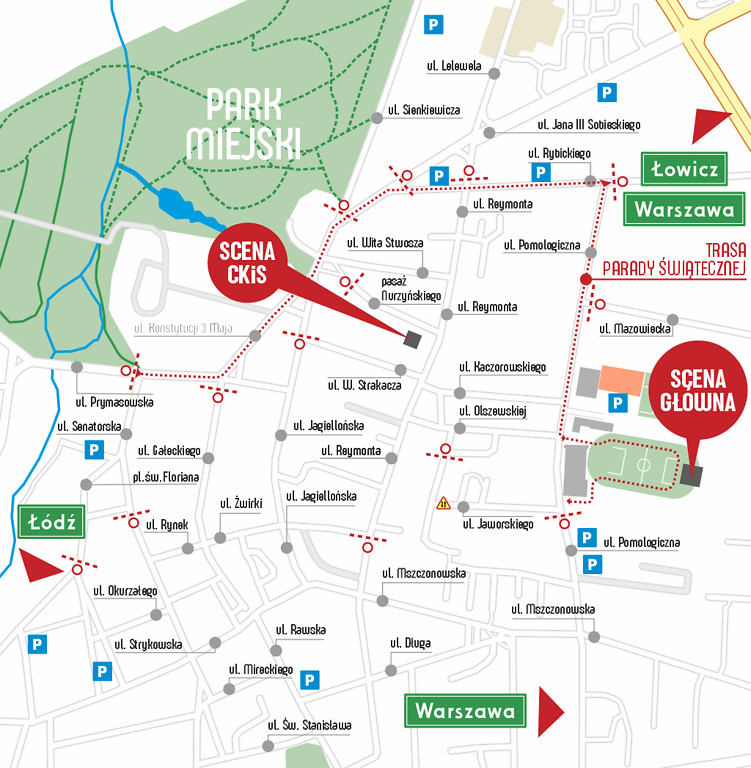 Poniżej znajduje się mapa przedstawiająca trasę Parady Święta Kwiatów, Owoców i Warzyw w Skierniewicach. Tegoroczna trasa parady rozpoczyna się na skrzyżowaniu ulic Mazowieckiej i Rybickiego, a kończy przy Stadionie Miejskim, gdzie zlokalizowana będzie główna scena wydarzenia. Na mapie zaznaczono również lokalizację sceny CKiS, która mieści się w Parku Miejskim. Dzięki nowej trasie parady, uczestnicy będą mieli okazję podziwiać korowód z różnych punktów miasta. Zapraszamy do zapoznania się z mapą i planowania swojego udziału w tej barwnej imprezie!