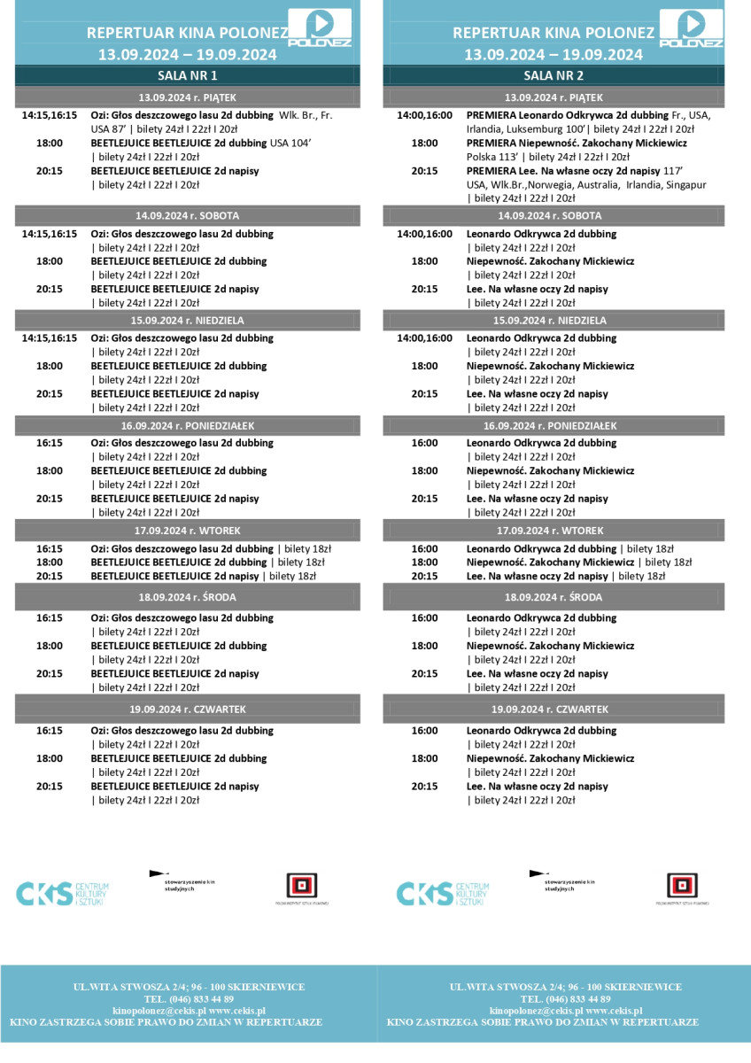 Premiery filmowe i kontynuacje w Kinie Polonez w Skierniewicach, które warto zobaczyć w dniach 13-19 września 2024. Na zdjęciu kadry z filmów 'Leonardo Odkrywca', 'Niepewność. Zakochany Mickiewicz' oraz 'Lee. Na własne oczy'.