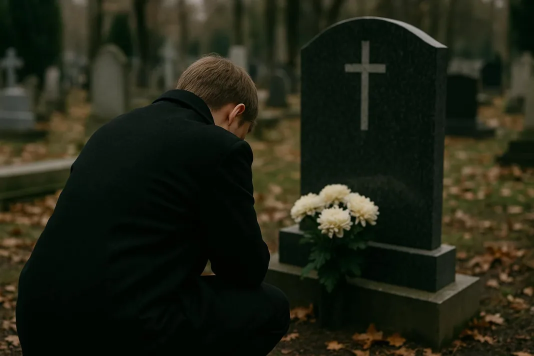 Osoba ubrana na czarno pochylona nad grobem na cmentarzu, z bukietem białych kwiatów