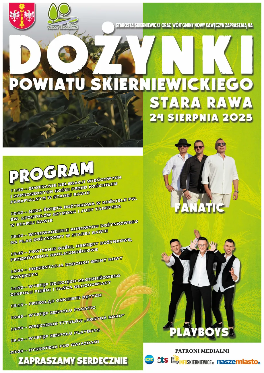 Plakat Dożynek Powiatu Skierniewickiego w Starej Rawie 2025 – program, zespoły Fanatic i Playboys, data 24 sierpnia 2025.
