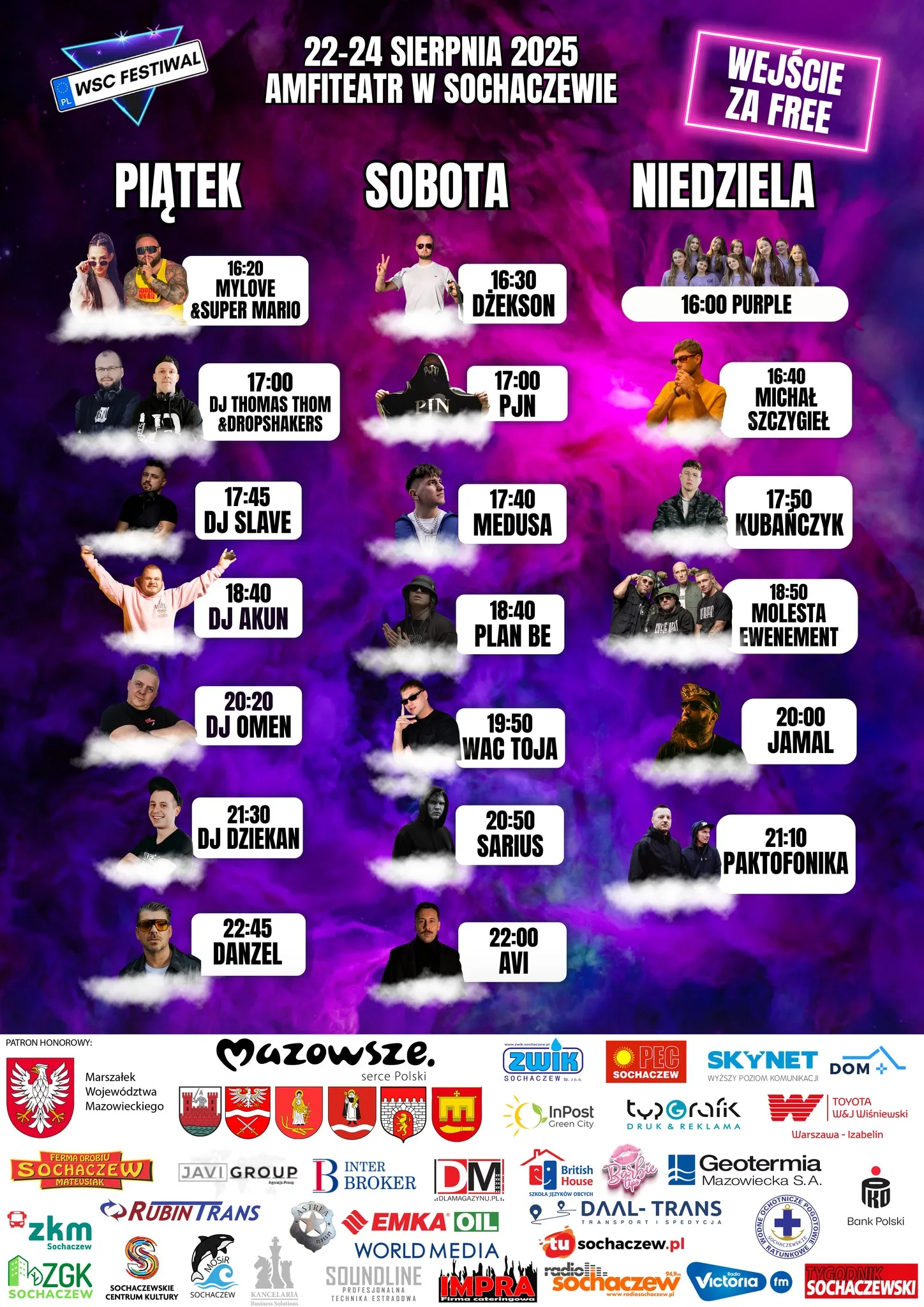 Plakat II WSC Festiwalu w Sochaczewie 21–24.08.2025 – gwiazdy: Paktofonika, Molesta Ewenement, Jamal, Sarius, Wac Toja, AVI, Kubańczyk, Michał Szczygieł.