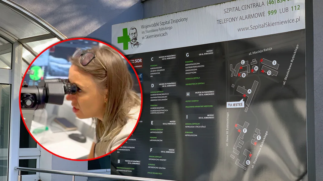 Skierniewice - tablica informacyjna szpitala i zbliżenie na badanie okulistyczne przy lampie szczelinowej