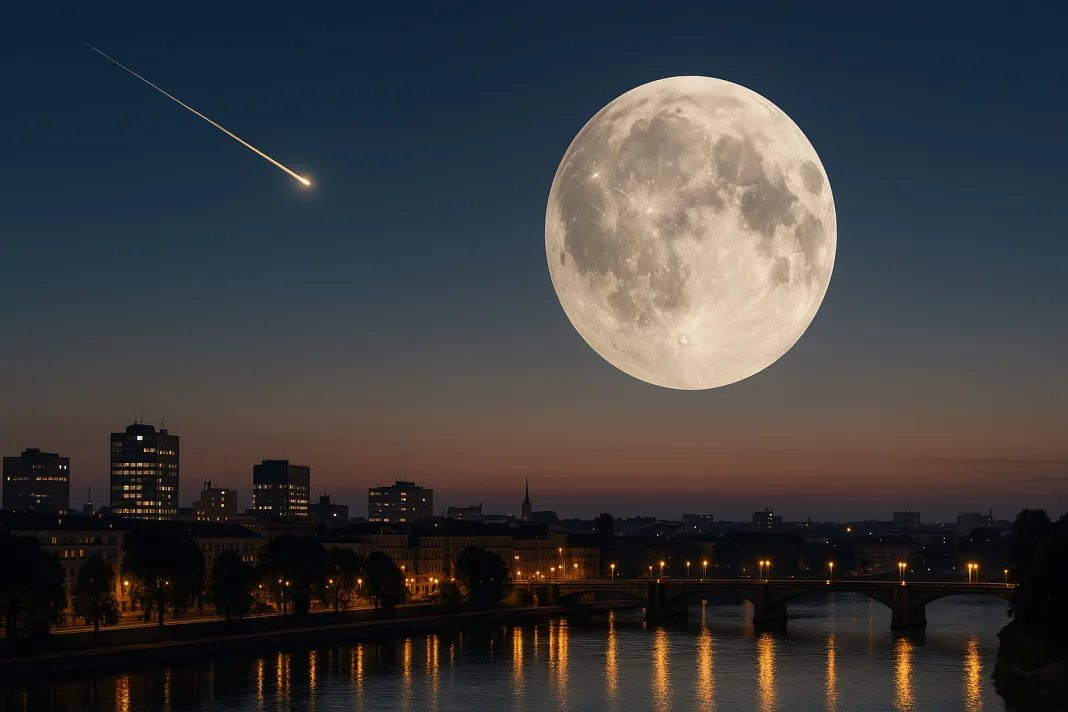 Jasny bolid Taurydów i listopadowa pełnia Księżyca (superpełnia) nad nocnym miastem