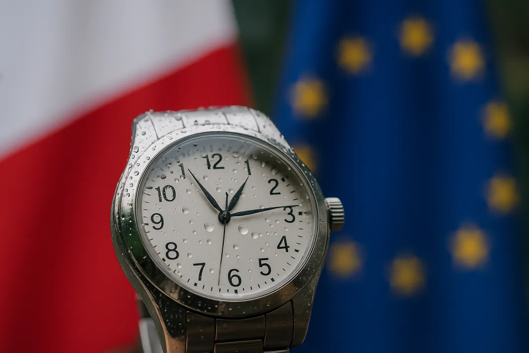Zbliżenie na mokry zegarek wskazujący 2:59 na tle flag Polski i UE - ilustracja artykułu o zmianie czasu 2025