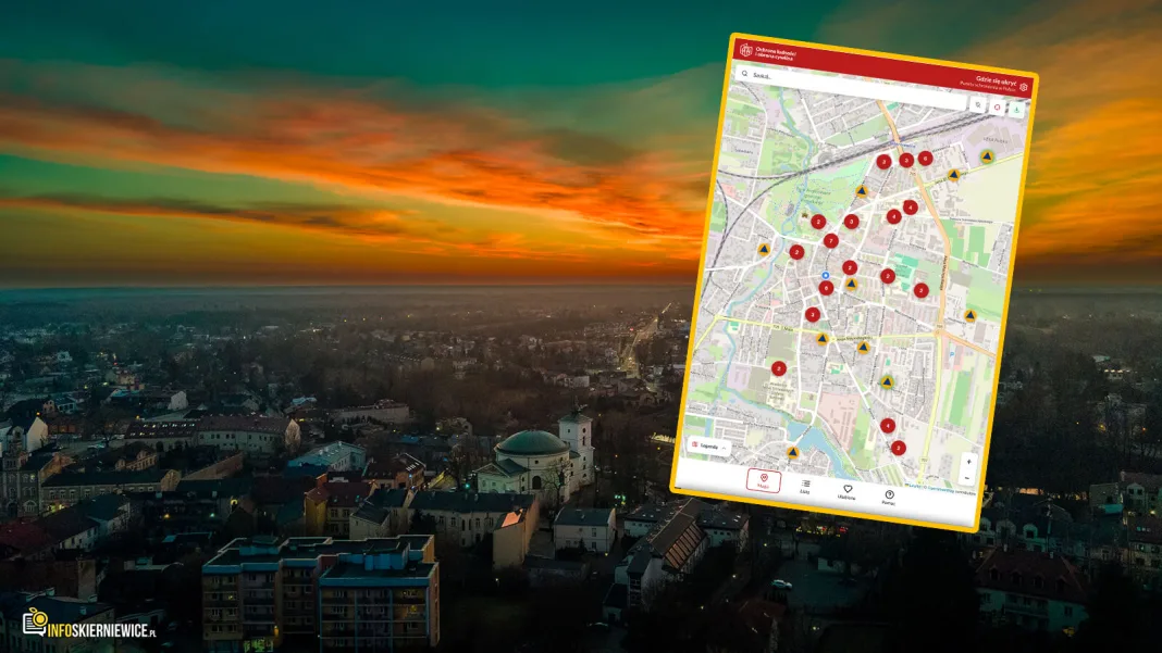 Interaktywna mapa „Gdzie się ukryć w Skierniewicach” pokazująca lokalizacje punktów schronienia zweryfikowanych przez PSP.