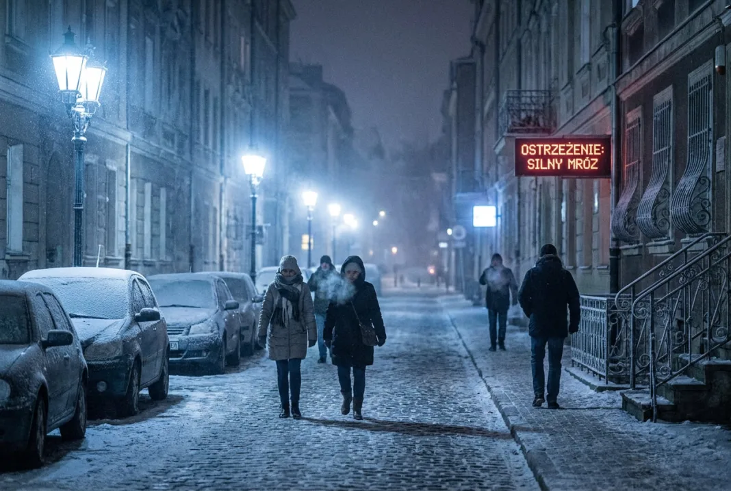 Mapa ostrzeżeń meteorologicznych IMGW dla Skierniewic i województwa łódzkiego wskazująca na silny mróz do -18 stopni Celsjusza.