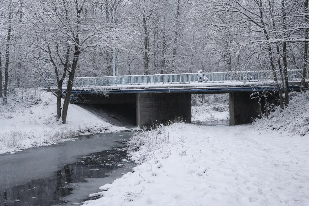 Zimowy widok na most na Prymasowskiej w Skierniewicach (luty 2026)