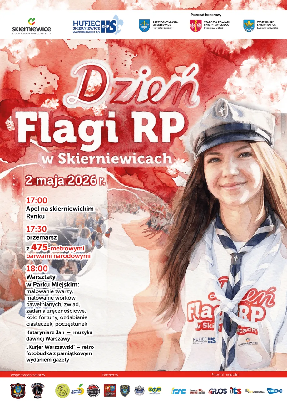 Dzień Flagi w Skierniewicach. 475 metrów biało-czerwonej tkaniny przejdzie przez miasto 2 dzien flagi 2026 plakat b2 mniejsze 2