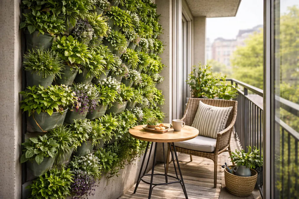 Zielony balkon z roślinami i stolikiem