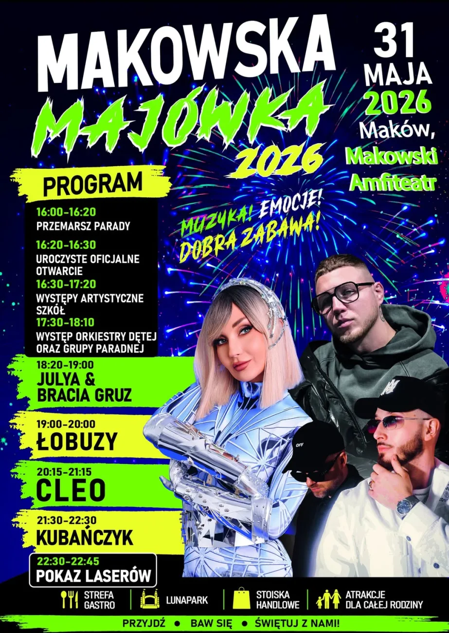 25. Makowska Majówka 2026: Cleo, Kubańczyk i Łobuzy na scenie! Znamy pełny program wydarzenia 2 muzyka lunapark i spektakularny pokaz laserow 25 edycja makowskiej majowki zapowiada sie rekordowo zobacz kto wystapi na scenie 31 maja