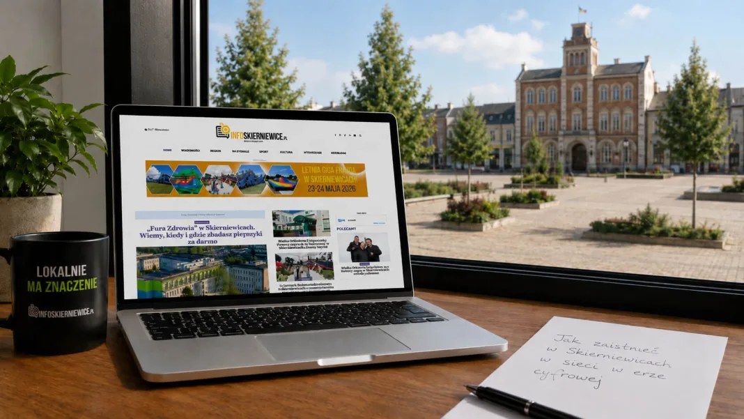 Cyfrowa ilustracja laptopa i smartfona z ikonami wykresów, rakiety kosmicznej i monet, symbolizująca wzrost biznesu dzięki nowoczesnej reklamie internetowej w naszym mieście.