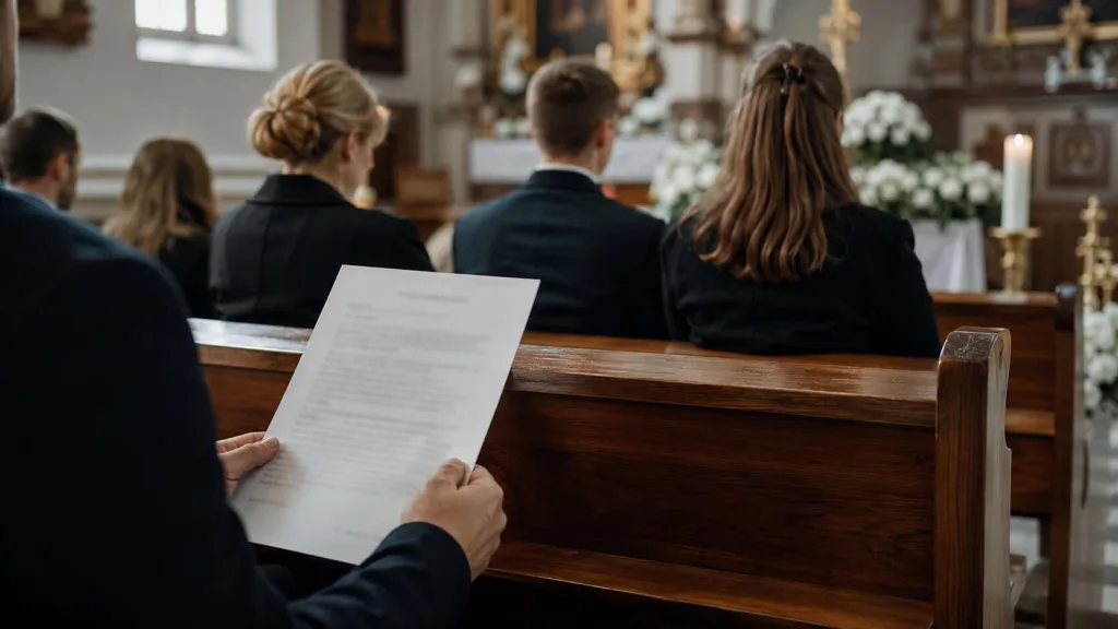 Kogo żegna zmarły? Zasady i gotowy wzór przemowy dla księdza 3 Osoba w ciemnym garniturze siedzi w ławce kościelnej i trzyma przed sobą białą kartkę z tekstem. W tle widać innych uczestników pogrzebu oraz ołtarz z kwiatami.