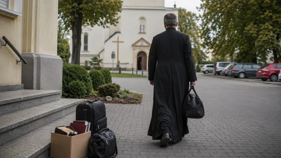 Ksiądz trzymający dokument diecezjalny przed kościołem parafialnym, symbolizujący zmiany personalne w parafiach.