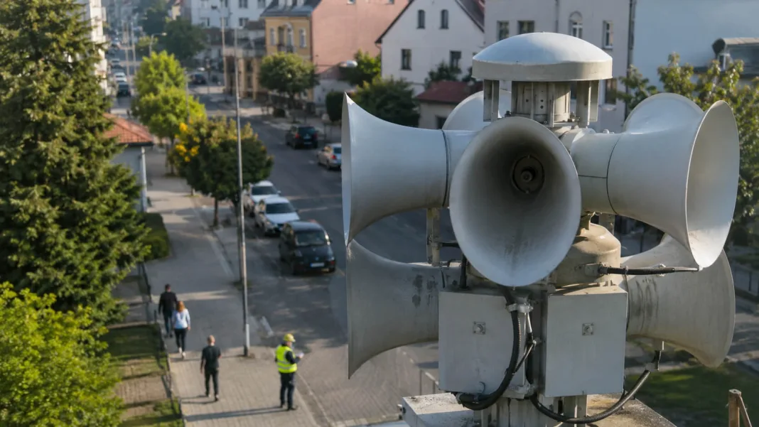 Syrena alarmowa na słupie w polskim mieście podczas planowanego testu systemu ostrzegania.